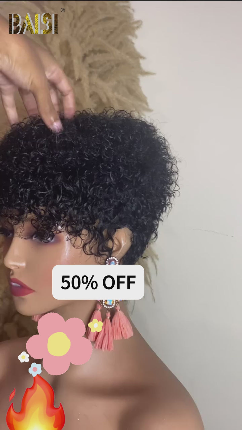 Baisi-13x4Lacefrontalwig-Blackcurly-100_humanhair_for black women-wig under $100-wholesale price-for daily use-short cut wig-curly bob wig