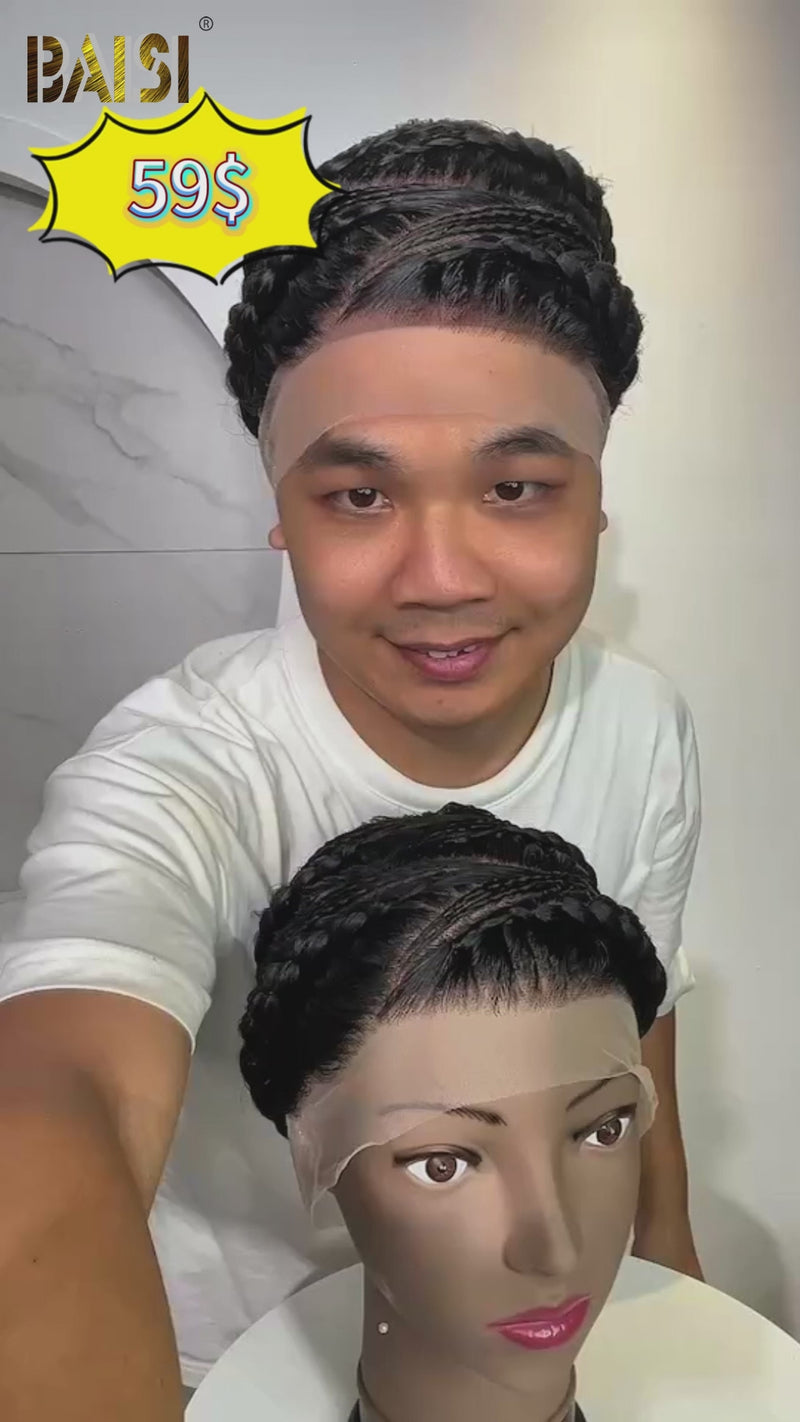 Baisi-Fulllacebraidedwig-Blackcolor-100_humanhair-for black women-braided wig-short hair-pixie wig