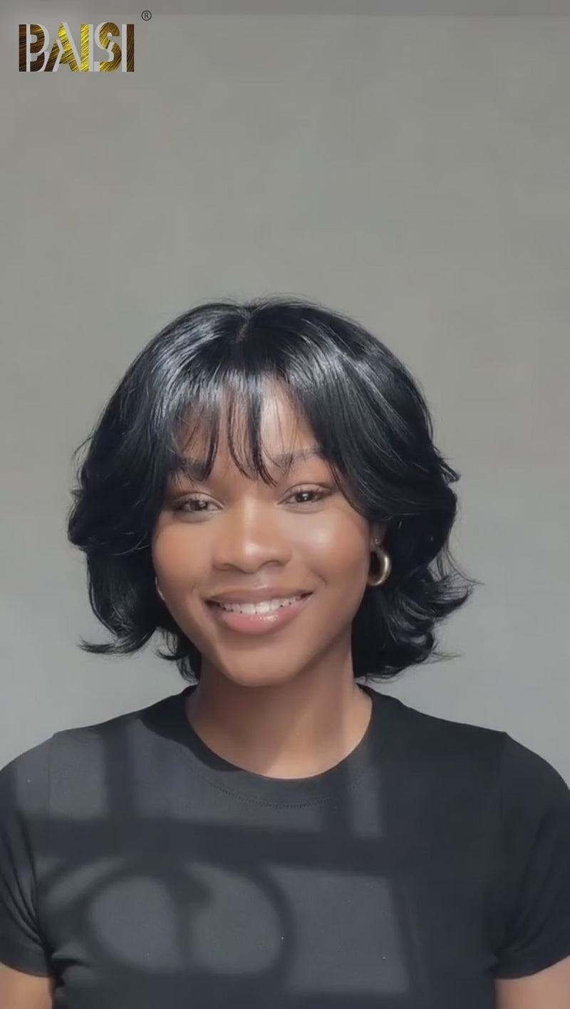 Baisi-machine_made_short_wavy_band_wig-Black_color-100_human_hair-for black women-short wig-glueless hair-party hair-weddinghair