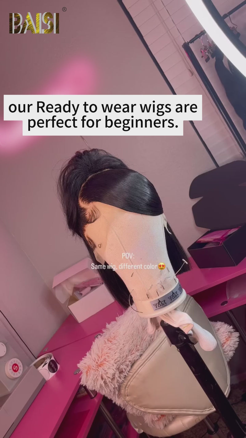 Baisi-13X4_Lace_frontal_short_bob_wig-Black_color_and_burgundy_color-100_human_hair-for black women-side part hair-bob wig-for party-for job