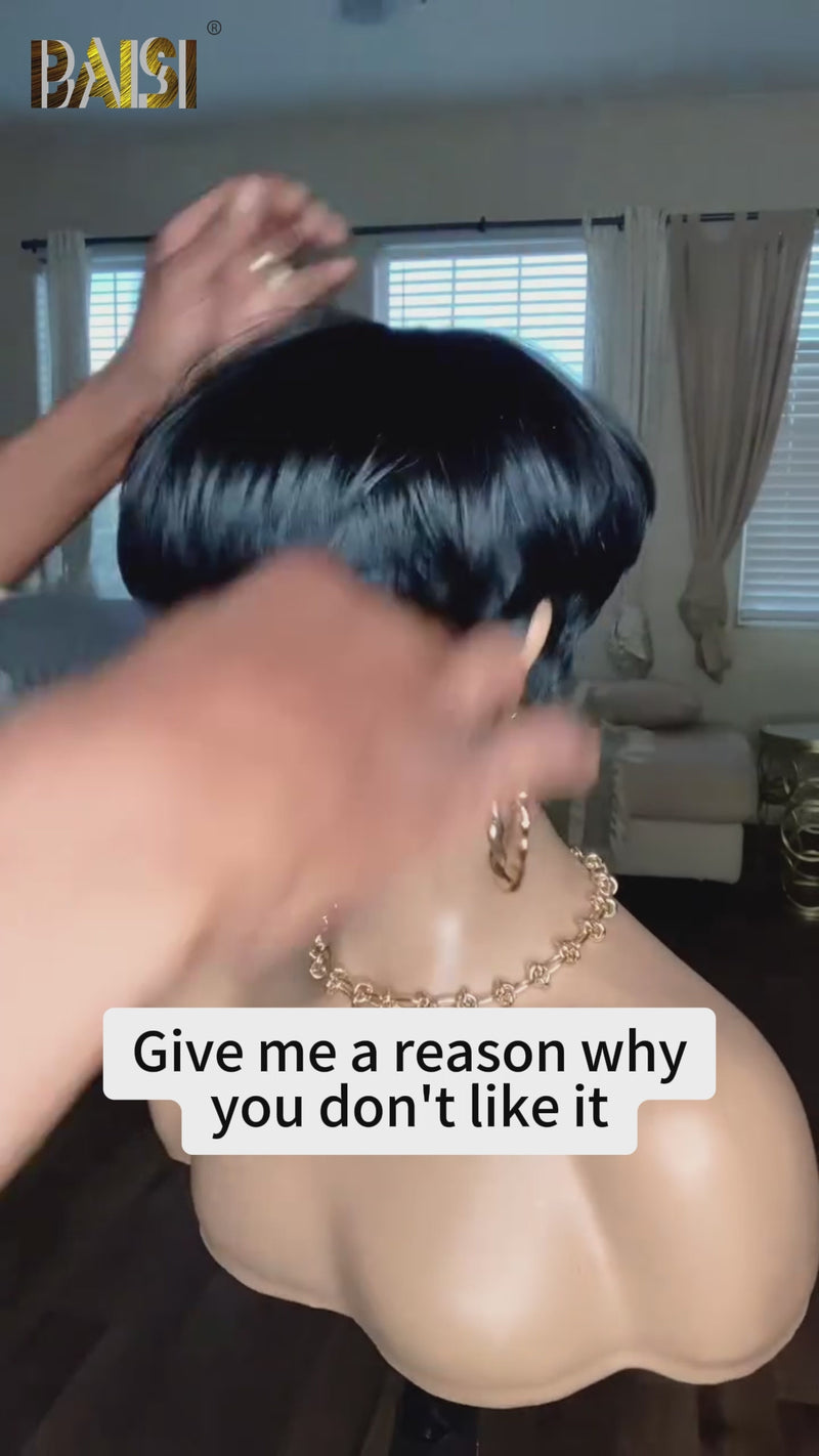 Baisi-Pixiecutmachinemadewig-blackcolor-100_humanhair-glueless hair-pixie cut wig-short hair-for black women