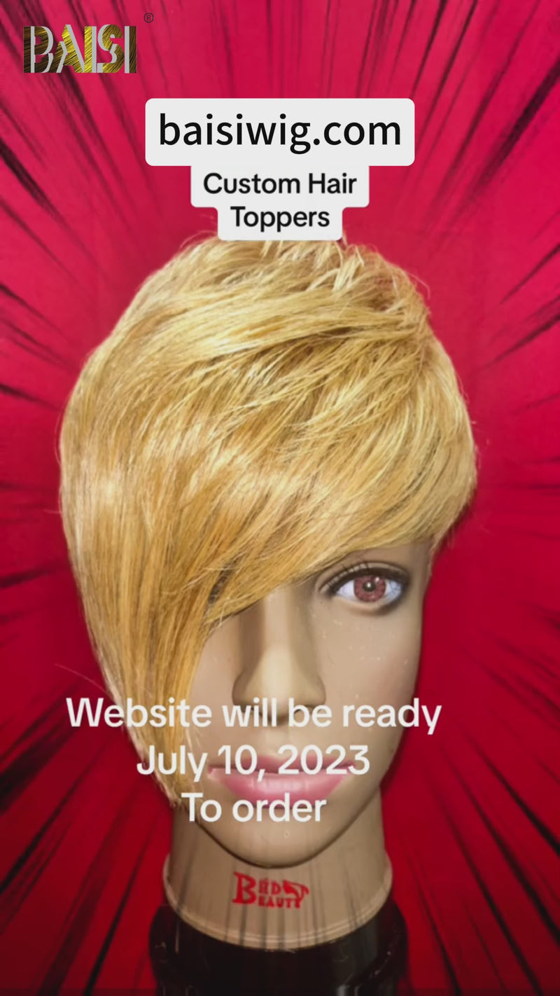 Baisi-6x7topper-honeyblondecolor-100_humanhair-glueless hair-for black women-no glue-short hair