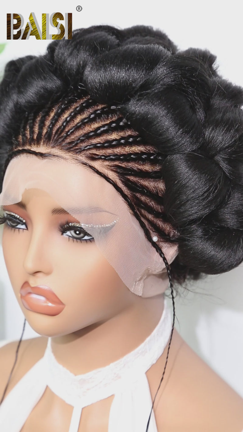 Baisi-Fulllacebraidedshortwig-Naturalblackcolor-100_humanhair-for black women-braided wig-short hair-updo style-for daily use