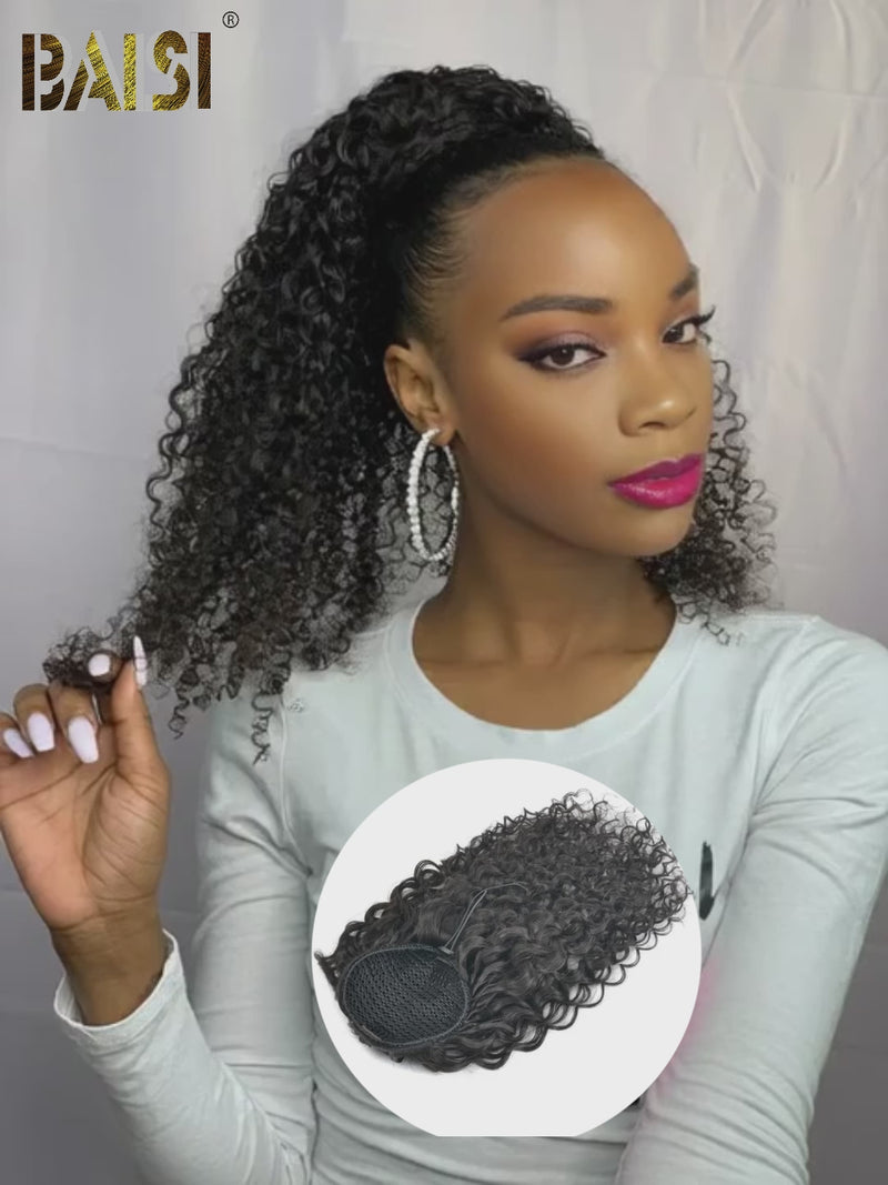 Baisi-Machinemadeponytail-Blackcurlyhair-100_humanhair-for black women-curly hair-short hair-ponytail hair