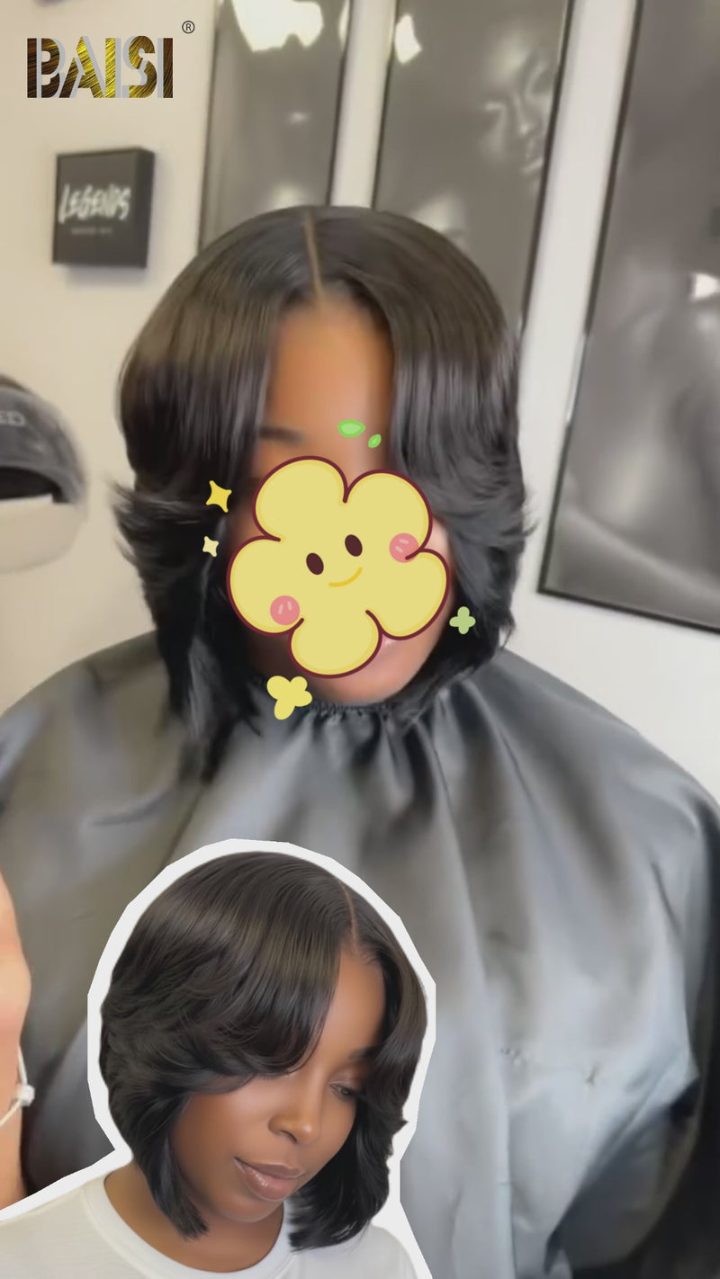 Baisi-2X6Laceclosureshortbobwig-Blackcolor-100_humanhair-for black women-shortwig-middle part wig-wig under $80