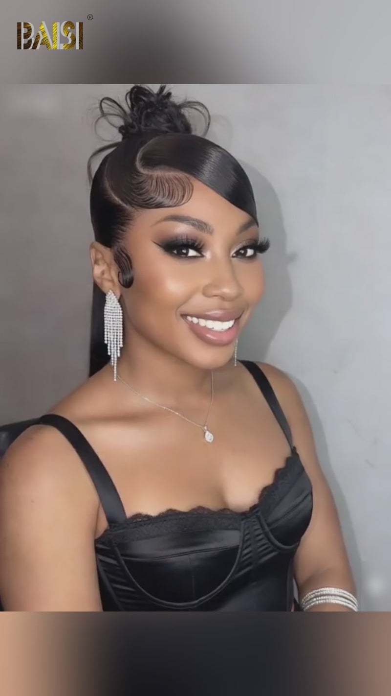 Baisi-360_lace_ponytail_updo_style_wig-black_color-100_human_wig-for black women-party hair-wedding hair