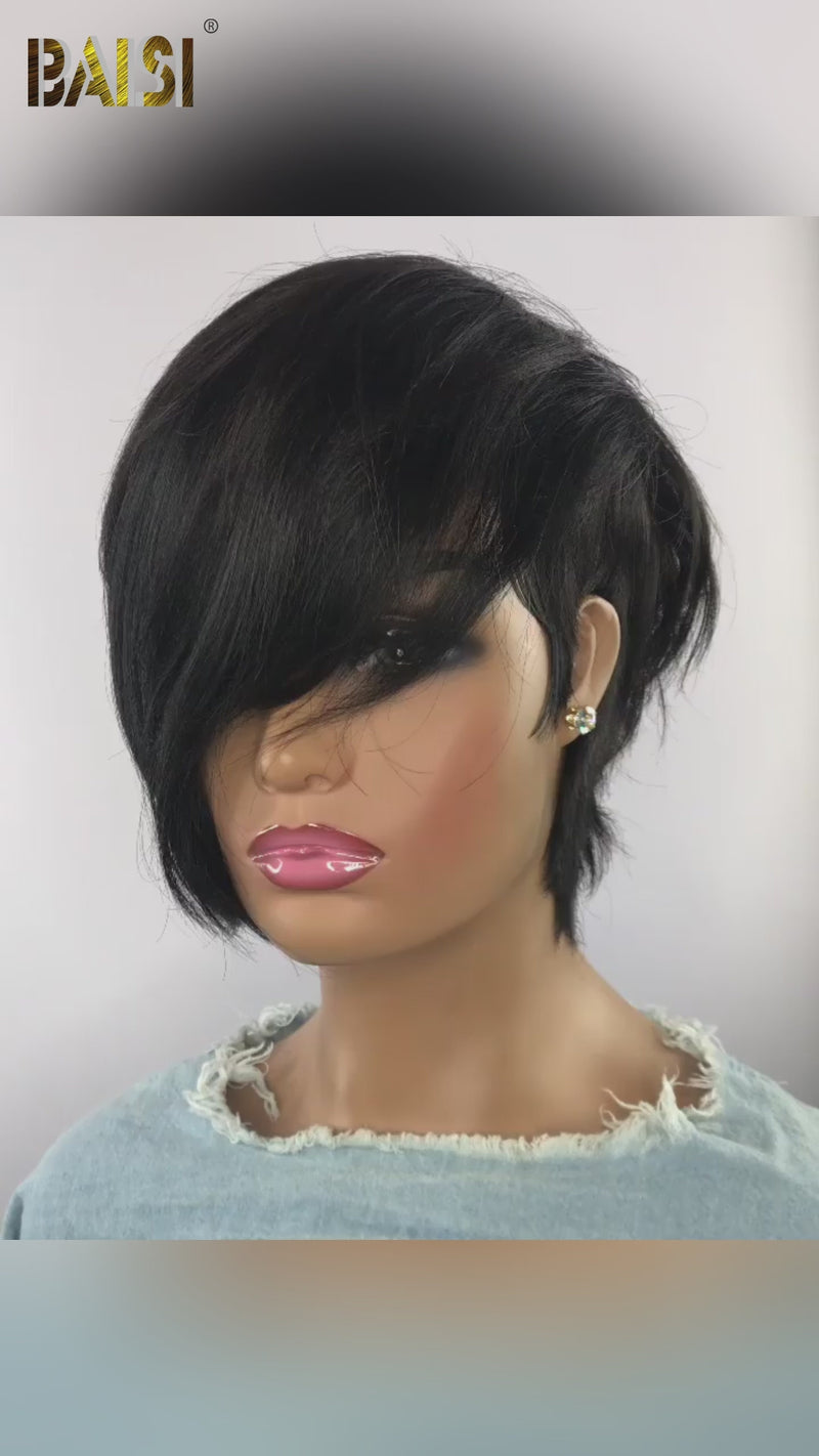 Baisi-Machinemadepixieshortcutwig-Blackcolor-100_humanhair-for black women-glueless hair-pixie cut wig-short hair