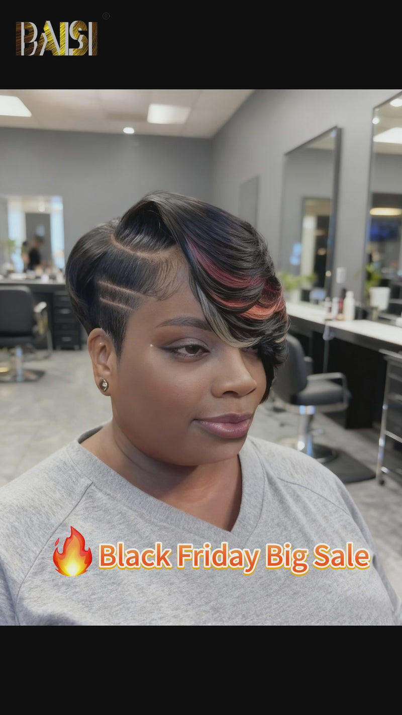 Baisi-13X6_Lace_frontal_wig-Black_with_red_and_grey_highlight-100_human_wig-for black women-short wig-color bob wig