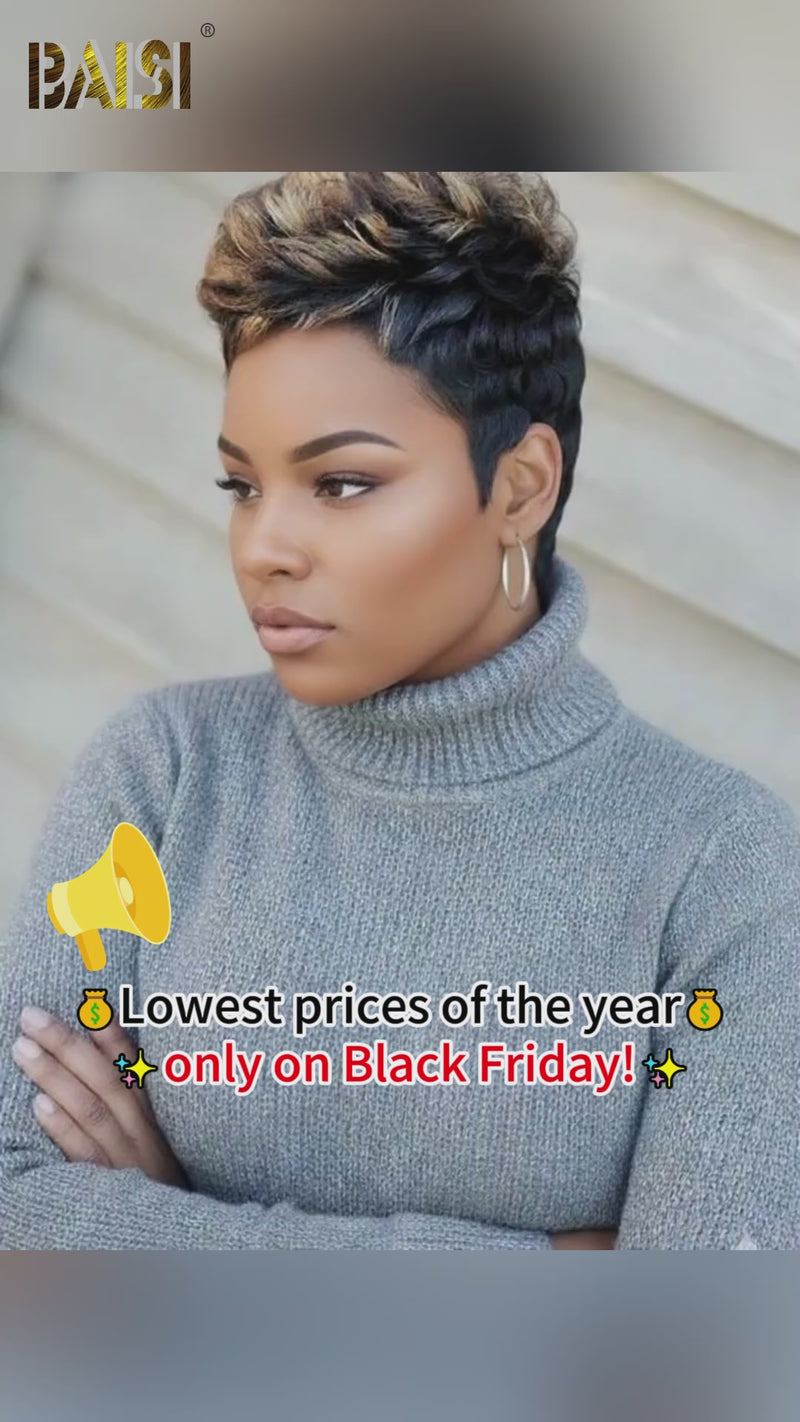 Baisi-Machine_made_pixie_short_glueless_hair-Black_with_highlight_color-100_human_hair-for black women-glueless hair-short wig-color wig