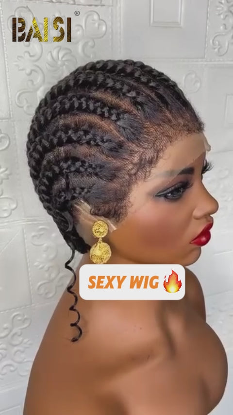 Baisi-Fulllacebraidedshortwig-Blackcolor-100_humanhair-for black women-braid wig-short hair
