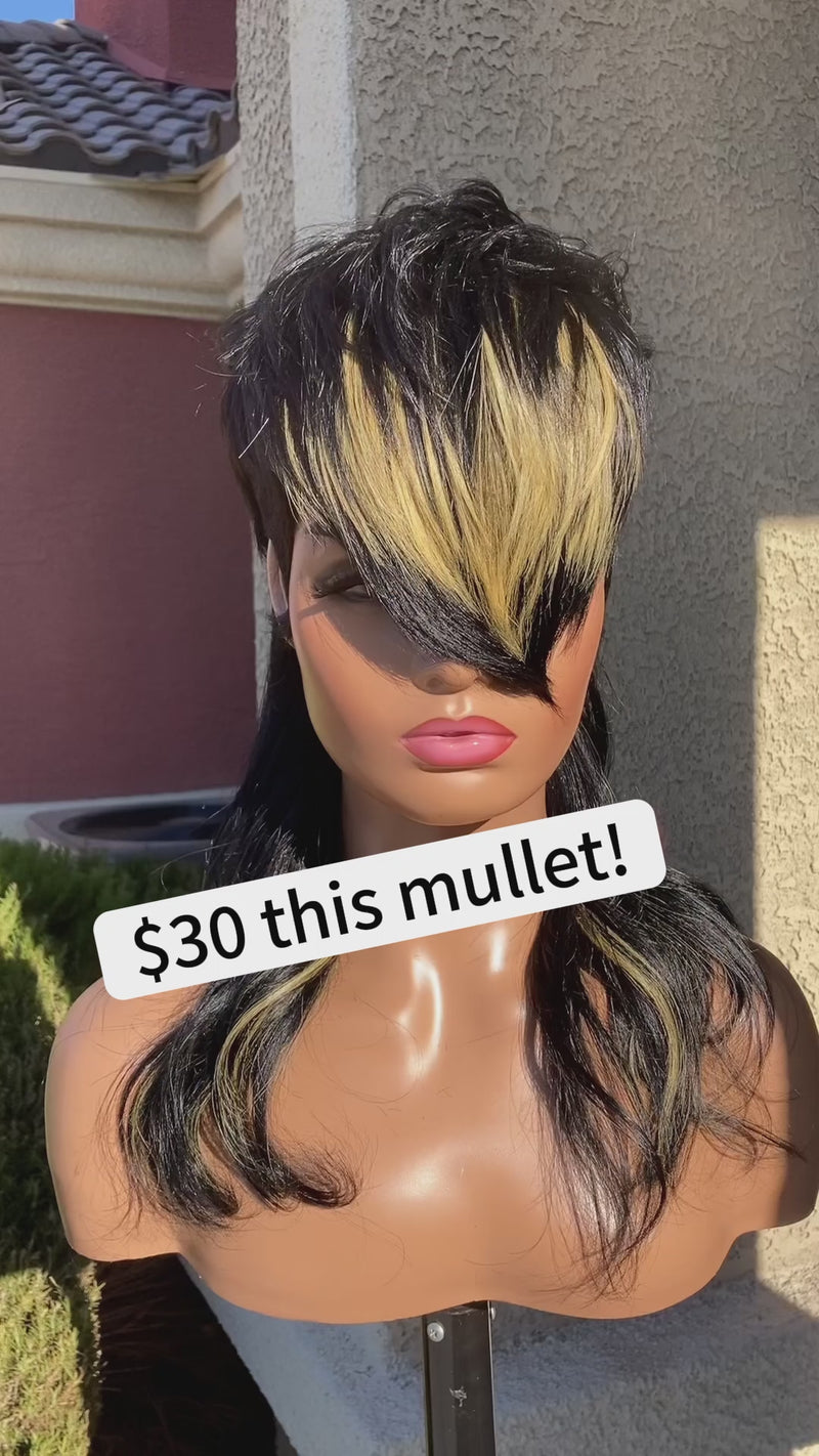 Baisi-machine_made_mullet_wig-black_with_honey_blonde_color-100_human_hair-for black women-glueless hair-put on and go wig