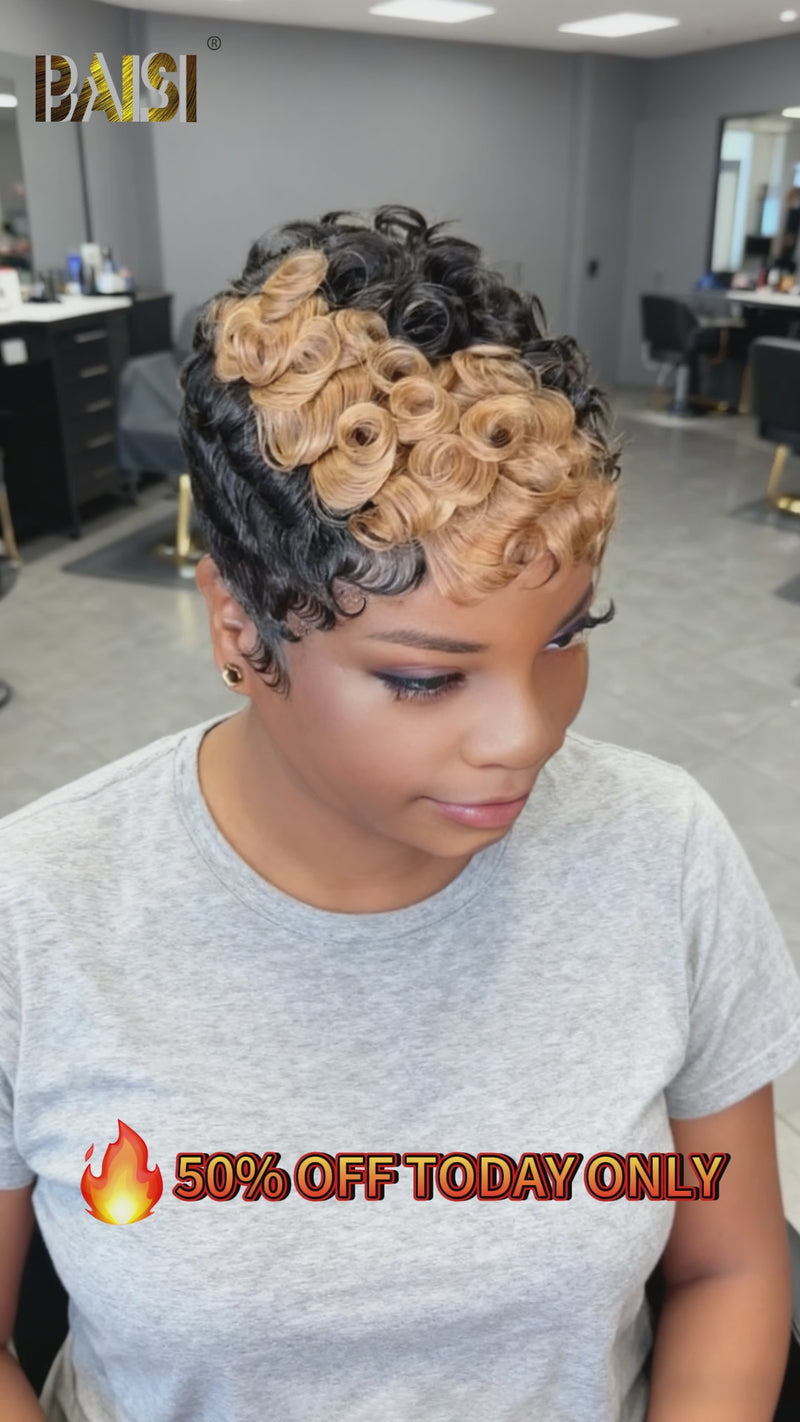 Baisi-Machine_made_finger_wave_wig-Black_with_honey_blonde-100_human_hair-for black womern-glueless hair-color wig-short hair