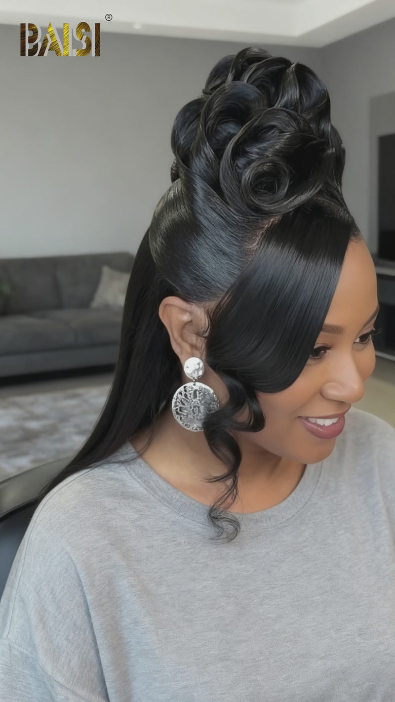 Baisi-13X6_lace_frontal_updo_wig-Black_color-100_human_hair-for black women-for wedding-for party-front side-frontal lace wig