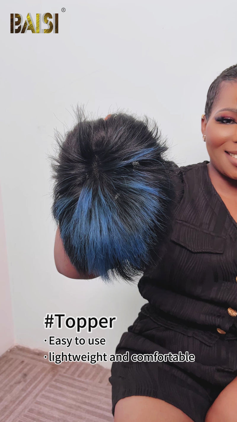 Baisi-4x4Lacetopperhair-Bluehighlightcolor-100_humanhair-for black women-put on and go hair-clips in hair-topper wig