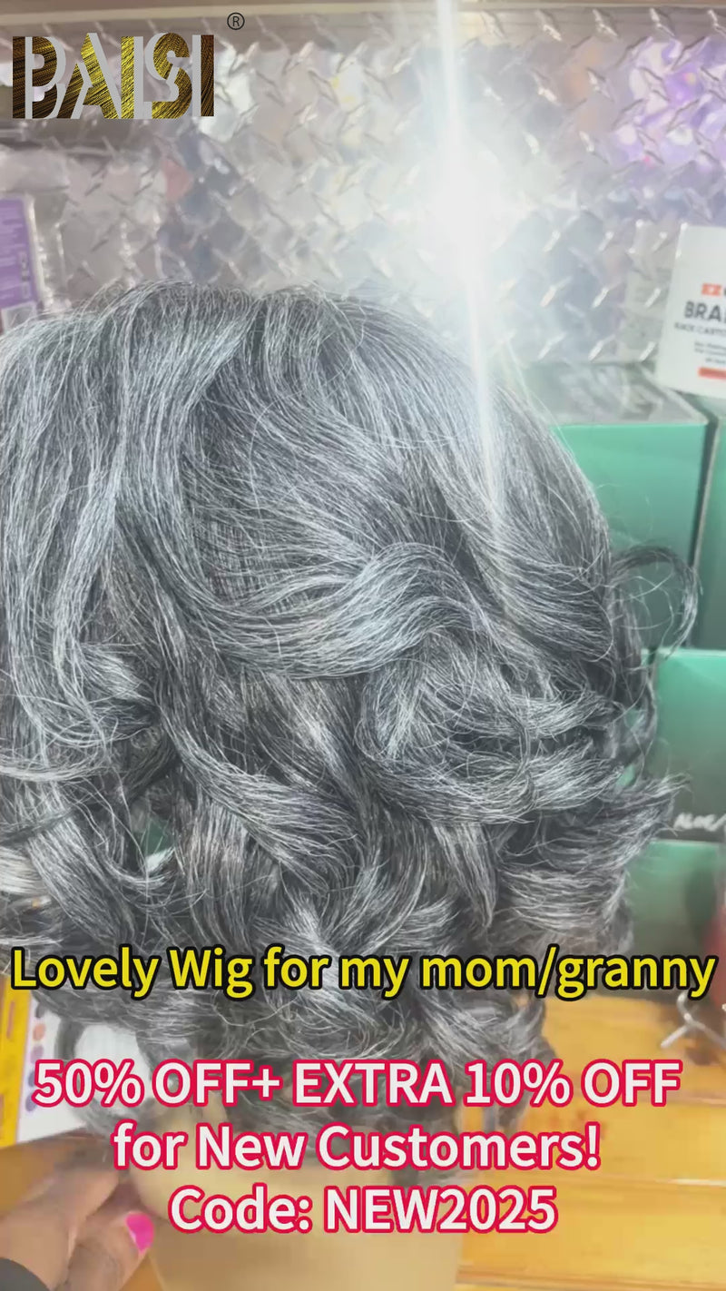 Baisi-13x4Lacefrontalwig-Blackwithgreyhighlightwith4chairline-100_humanhair-for black women-bob wig-short hair-color hair-wavy wig