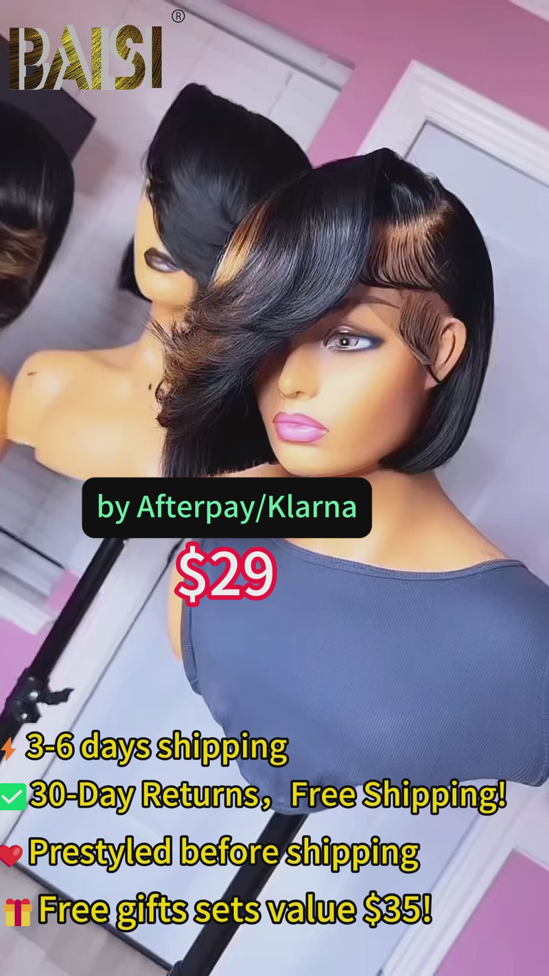 Baisi-4X4Laceclosurewig-Blackwithhighlight-100_humanhair-for black women-short wig-bob wig-color wig