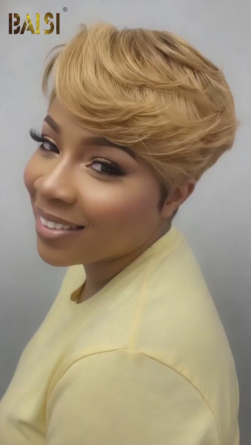 Baisi-4X4closurepixiecutwig-honeyblondecolor-100_humanhair-forblackwomen-short hair-colro wig-partyhair