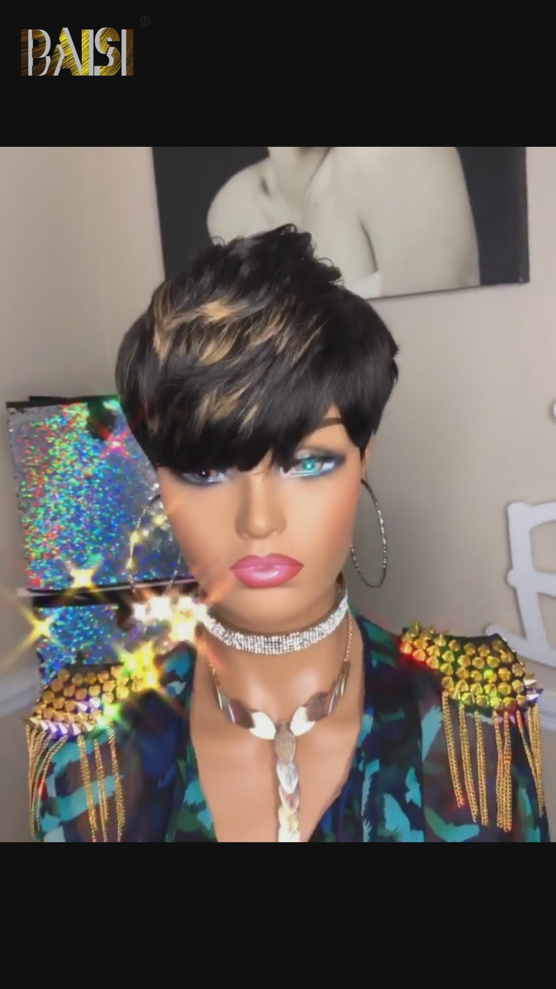 Baisi-Machinemadepixieshortcutwig-Blackwithhighlight-100_humanhair-for black women-short cut wig-gluless hair