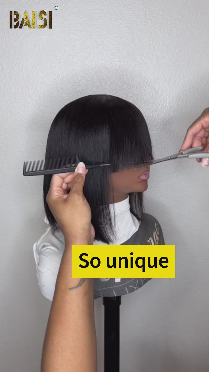 Baisi-Machine_made_glueless_band_bob_wig-black_color-100_human_hair-for black women-fringe wig-band wig