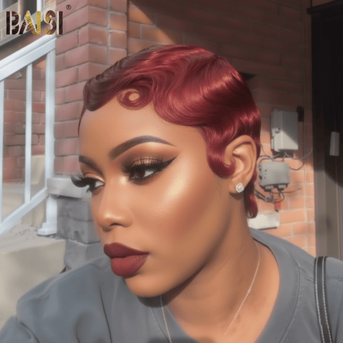 USA Pixie Cut Wig BAISI 13X4 Pretty Dark Red Finger Wave Pixie Lace Wig