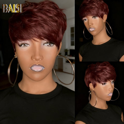 USA Pixie Cut Wig BAISI Machine Made Dark Red Pixie Cut For Black Women