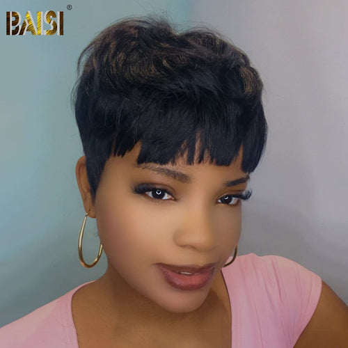 USA Pixie Cut Wig BAISI Machine Made Straight Quick To Install Wig