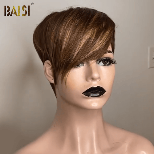 USA Pixie Cut Wig BAISI Machine Made Straight Sexy Side Part Mix Color Wig