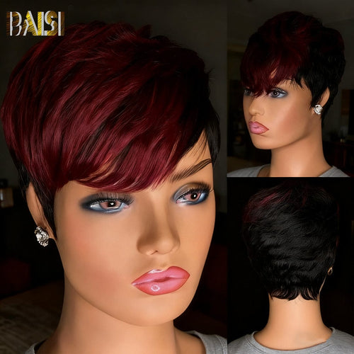 USA Pixie Cut Wig BAISI Machine Made With Red Color Pixie Short Cut Wig