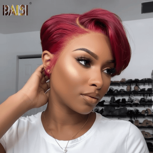 USA Pixie Cut Wig BAISI Pretty Burgundy Color Pixie Lace Wig