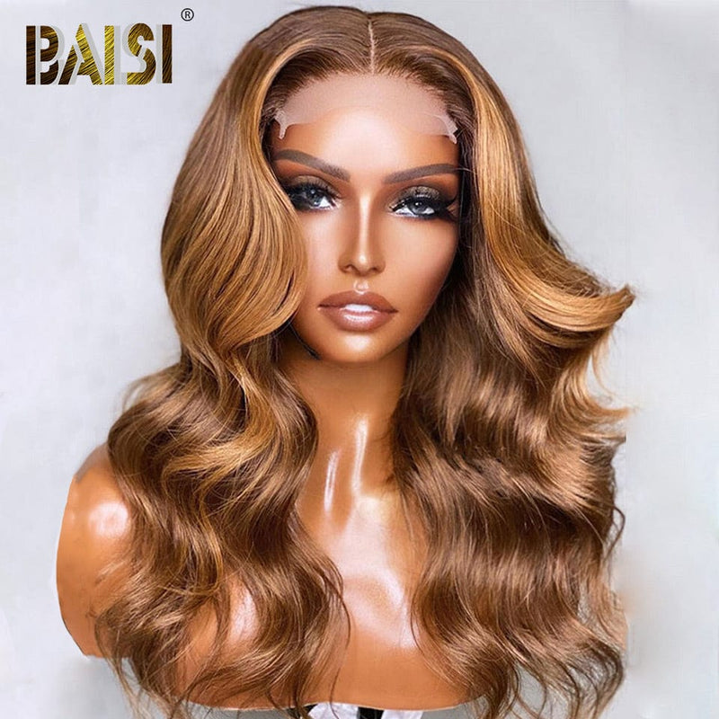 BAISI HAIR Customized Wig BAISI Wavy Chestnut Brown with Blonde Highlights Wig
