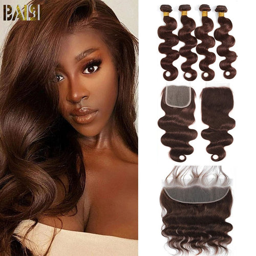 hairbs Brazilian Bundles With Closure Frontal BAISI  #4 Chocolate Brown Body Wave Bundles with Closure / Frontal