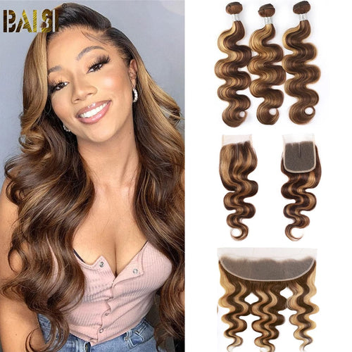 hairbs Brazilian Bundles With Closure Frontal BAISI #4mix27 Highlight Body Wave Bundles with Closure / Frontal